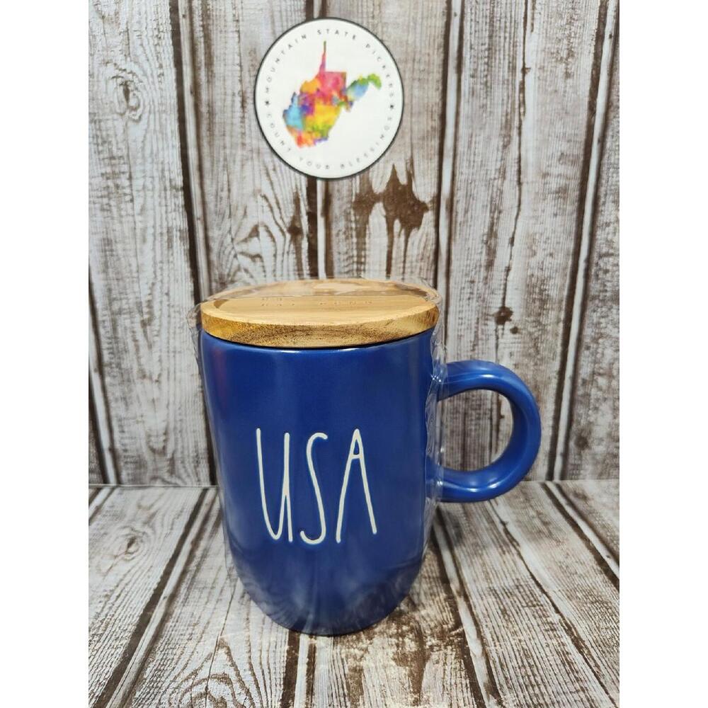 Rae Dunn “USA” Mug Blue With White Lettering LL Wood Coaster Lid NWT